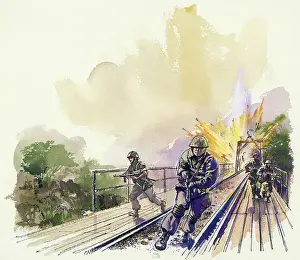 Blasting Prints: Commando blasting railroad bridge, Second World War, 20th century