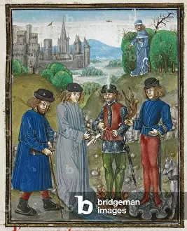 The complexions. Four men standing on fire, water and earth. A castle in the background