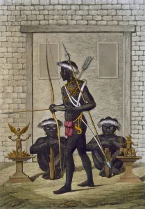 Congo tribesmen and fetish figures guard the palace of the Saba or sovereign, c Congo tribesmen and fetish figures guard the palace of the Saba or sovereign, c
