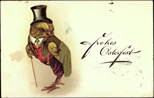 Ostern Kleeblatter Prints: Congratulations Easter, Chick in Tailcoat with Stick