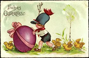 Lambs Prints: Congratulations Easter, child pushes Easter egg in front of him