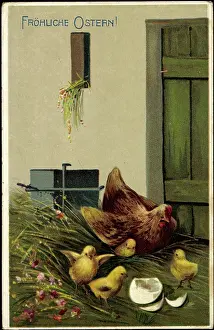 Ostern Kleeblatter Prints: Congratulations Easter, hen with her chicks