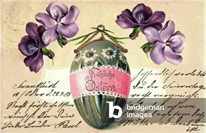 Daffodils Prints: Congratulations Easter, painted Easter egg, violets