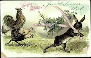 1906 Prints: Congratulations Easter, rabbit wears big Easter egg