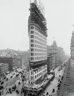 Manhattan Prints: Construction of Flatiron Building, New York City, New York, USA, 1902 (b/w photo)