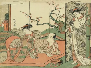 1770s Prints: Courtesan Watching a Young Apprentice in Bed With A Client, 1768-71 (woodblock print)