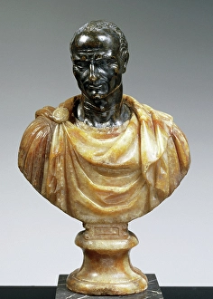 Alabaster Prints: Cuirassed bust of Julius Caesar, alabaster and bronze, height 22 cm, Italy, 16th century
