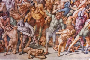 Damned to hell, detail of a shapely woman raised against her will by a blue demon with a horn in his forehead Damned to hell, detail of a shapely woman raised against her will by a blue demon with a horn in his forehead