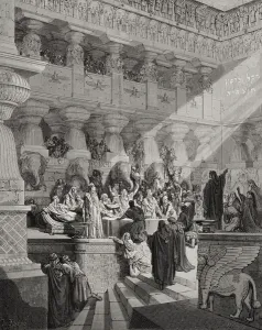 Belshazzar Prints: Daniel Interpreting the Writing on the Wall, Daniel 5: 25-28, illustration from Dore s