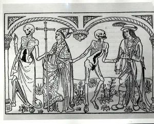 Death taking the Bishop and the Nobleman, from the Danse Macabre, published Paris Death taking the Bishop and the Nobleman, from the Danse Macabre, published Paris