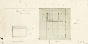 Mackintosh Prints: Design for a wardrobe, shown in elevation of the front and interior, c