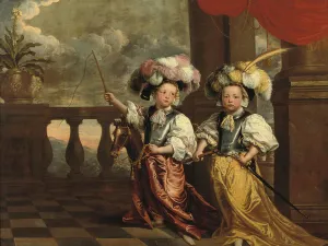 A double portrait of two boys, full-length, dressed as knights, one holding a flute A double portrait of two boys, full-length, dressed as knights, one holding a flute