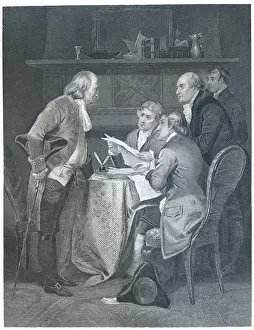 Drafting the Declaration of Independence in 1776, 1859 (engraving) (b / w photo)
