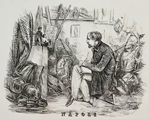 Legs Crossed At Knee Prints: Draftsman portraying two puppets in his study full of objects