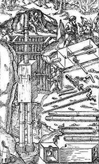 Mine Prints: Draining a mine using a duplex suction pump, 1556 (woodcut engraving)
