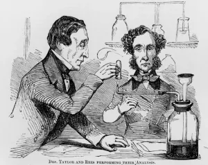 Images Dated 2007 August: Drs. Taylor and Rees Performing their Analysis, 1856 (lithograph) (b / w photo)