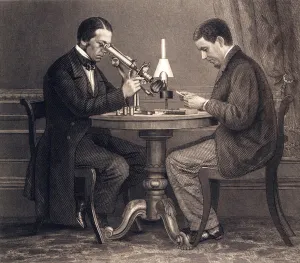 Microscopy Prints: Early Scientists Looking Through Microscopes, 1908 (engraving)