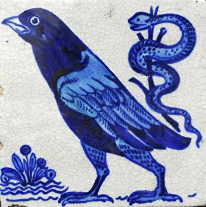 Underglaze Prints: Earthernware tile with bird and snake pattern