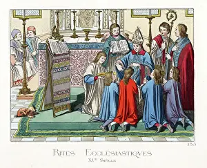 Ecclesiastical rite: la tonsure, 15th century - Ecclesiastical rite of tonsure, 15th century - Bishop in mitre, chasuble, dalmatic, alb and maniple, novices accepting the tonsure (haircut)