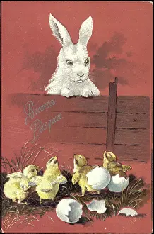 Prage Ak Gluckwunsch Ostern Prints: Embossing Congratulations Easter, Bunny looks at chicks
