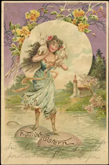 Prage Ak Gluckwunsch Ostern Prints: Embossing congratulations Easter, woman wears rabbits over sea