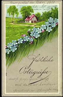 Easter Postcards Easter Eggs Prints: Embossing congratulations Easter, house, landscape, flowers