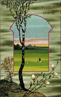 Daffodils Prints: Embossing congratulations Easter, tree, willow, shepherd