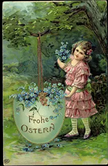 God Paske Prints: Embossing congratulations Easter, child with flowers and egg