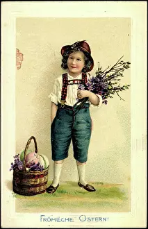 God Paske Prints: Embossing congratulations Easter, girl in costume, basket