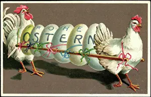 Daffodils Prints: Embossing congratulations Easter, hens carry 6 Easter eggs