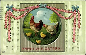 God Paske Prints: Embossing congratulations Easter, flower wreath, chick, hen