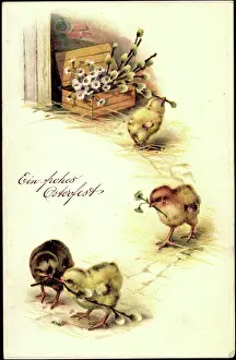 Prage Ak Gluckwunsch Ostern Prints: Embossing Congratulations Easter, Chick with Willow Bib