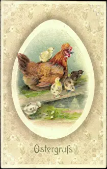 Ostern Kleeblatter Prints: Embossing congratulations Easter, hen with her chicks