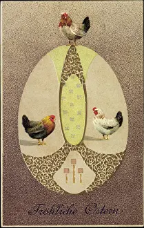 Easter Postcards Easter Eggs Prints: Embossing congratulations Easter, hens in an Easter egg