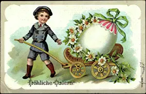Daffodils Prints: Embossing Happy Easter, Boy pulls cart, Easter egg