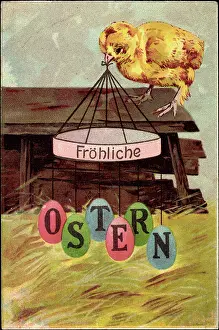 Stall Prints: Embossing Happy Easter, Chick with Easter Decorations, Stable