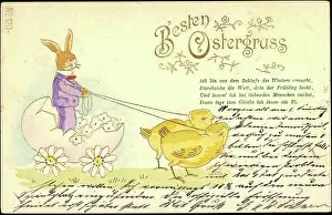 Gladelig Paske Prints: Embossing Happy Easter, Easter Bunny, Chick, Egg as a carriage