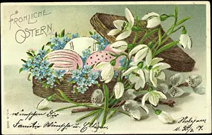 God Paske Prints: Embossing Happy Easter, Easter eggs in basket, flowers