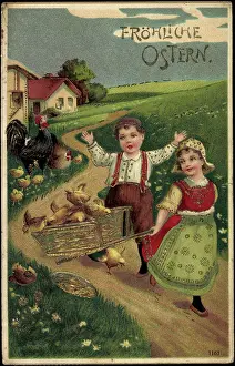 Marked Mint Prints: Embossing Litho Congratulations Easter, Children with Chicks, Country