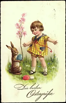 Lithographie Prints: Embossing Litho Congratulations Easter, Child with Rabbit and Eggs