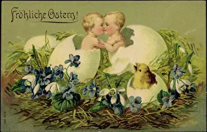 Lithographie Prints: Embossing Litho Congratulations Easter, children hatch from egg