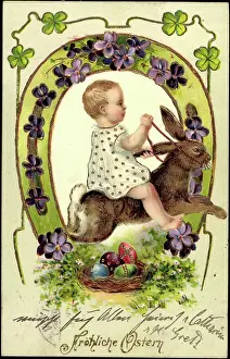 God Paske Prints: Embossing Litho Congratulations Easter, child rides on rabbits