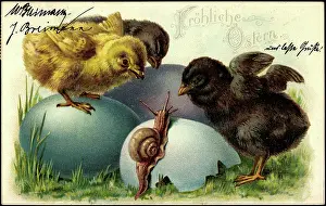 1904 Prints: Embossing Litho Happy Easter, Chick, Eggshell, Snail