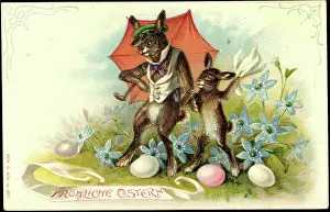 Eier Prints: Embossing Litho Happy Easter, Easter Bunny, Eggs, Umbrella, Flowers