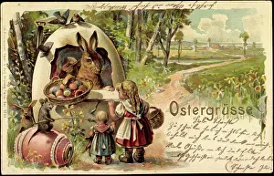 Marked Mint Prints: Embossing Litho Happy Easter, Easter Bunny, Eggs, Children, Mouse