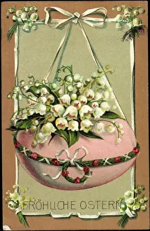 Daffodils Prints: Embossing Litho Happy Easter, Lily of the Valley on Easter Egg