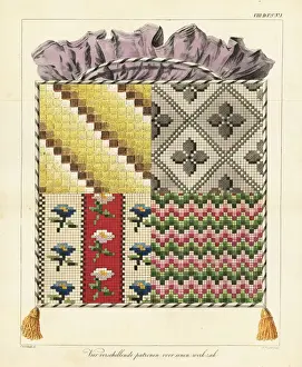 Four embroidery sampler patterns for a work basket, with frill and tassles