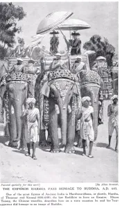 The Emperor Harsha pays homage to Buddha in 645 AD, illustration from Hutchinsons History of the Nations, c The Emperor Harsha pays homage to Buddha in 645 AD, illustration from Hutchinsons History of the Nations, c