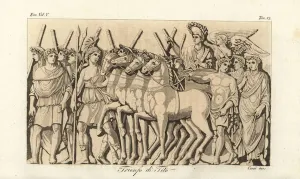 Emperor Titus in a quadriga or four-horse chariot crowned by the personification of Victory on the Arch for TItus Emperor Titus in a quadriga or four-horse chariot crowned by the personification of Victory on the Arch for TItus
