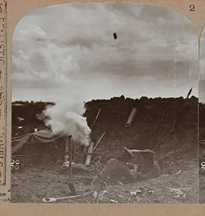 Mortar Prints: Enemy seen, Fire! Pulling the trigger of a trench mortar, 1916 circa (b/w photo)